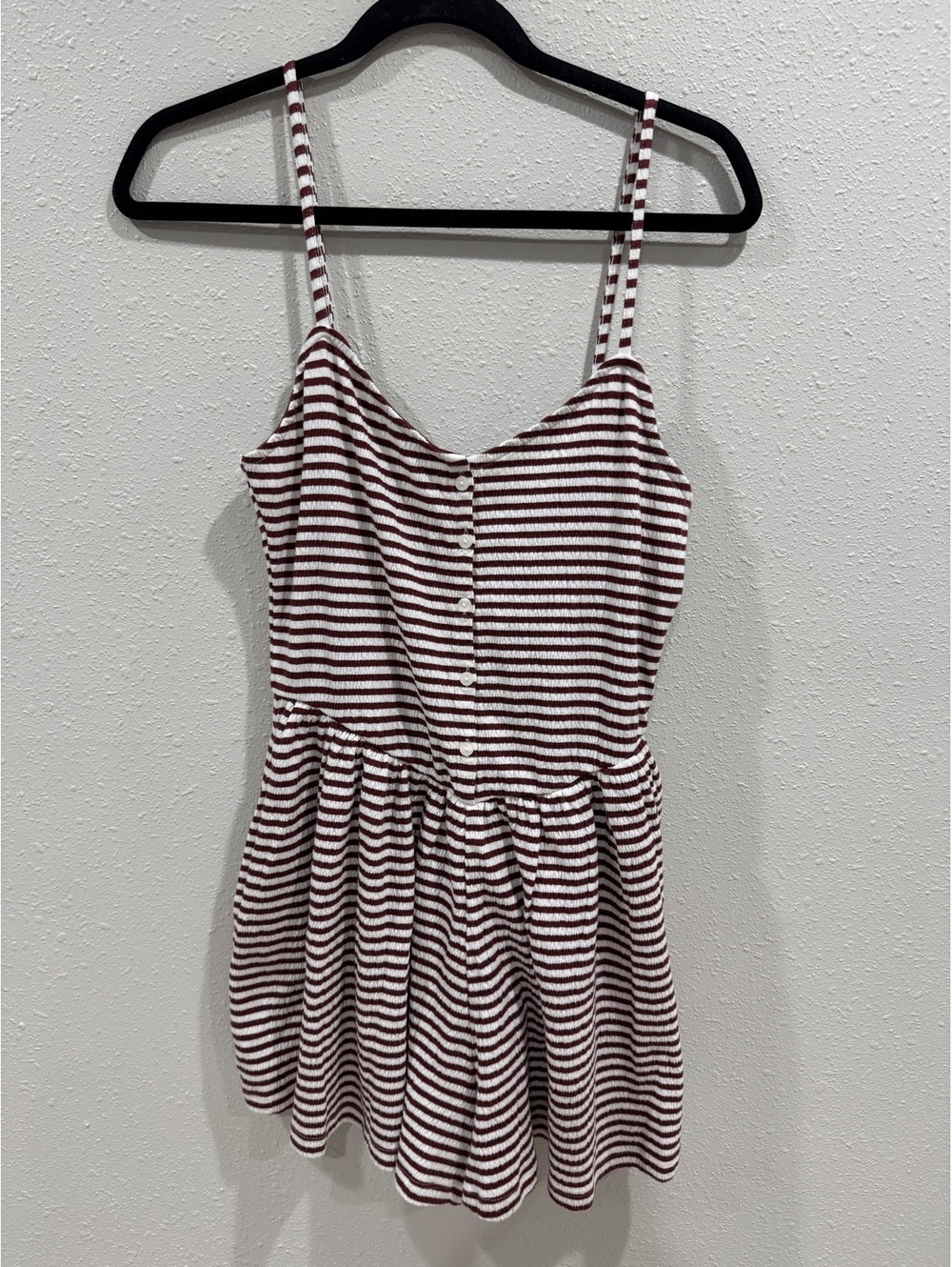 American Eagle Women’s Burgundy White Striped Button Front Romper Size M